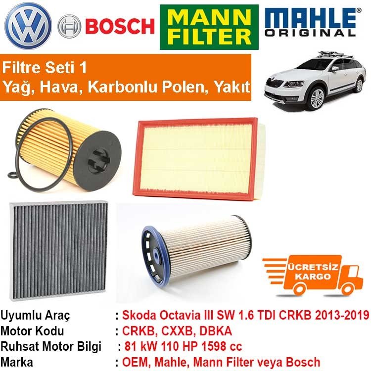 Skoda Octavia III SW 1.6 TDI CRKB 2013 - Filtre Bakım Seti ORJNL