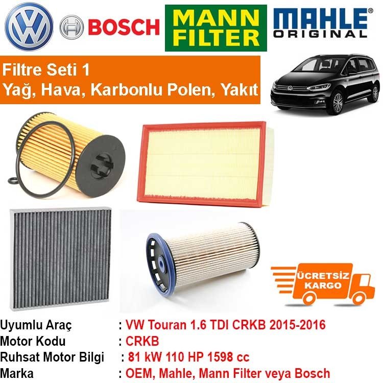 VW Touran 1.6 TDI CRKB 2015-2016 Filtre Bakım Seti ORJİNAL