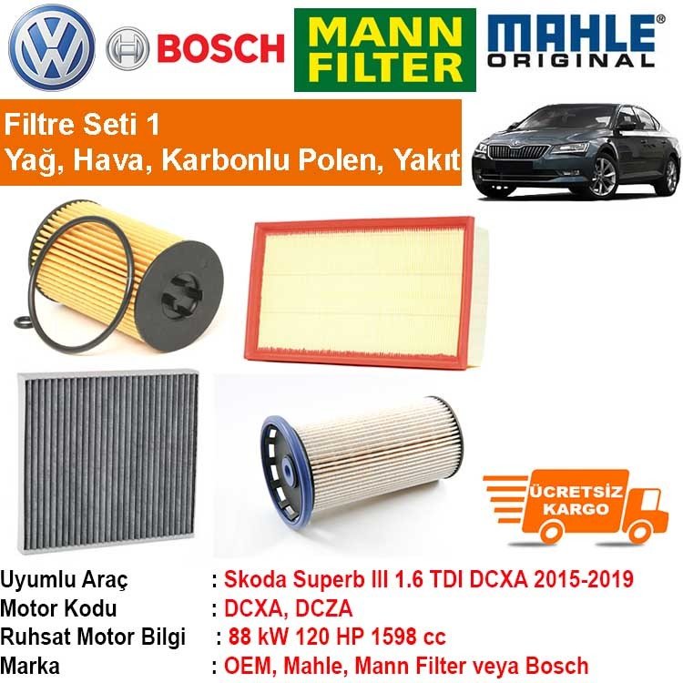 Skoda Superb III 1.6 TDI DCXA 2015 - Filtre Bakım Seti ORJİNAL