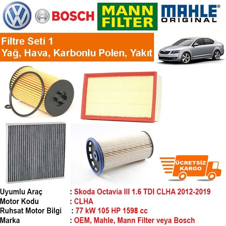 Skoda Octavia III 1.6 TDI CLHA 2012 - Filtre Bakım Seti ORJİNAL