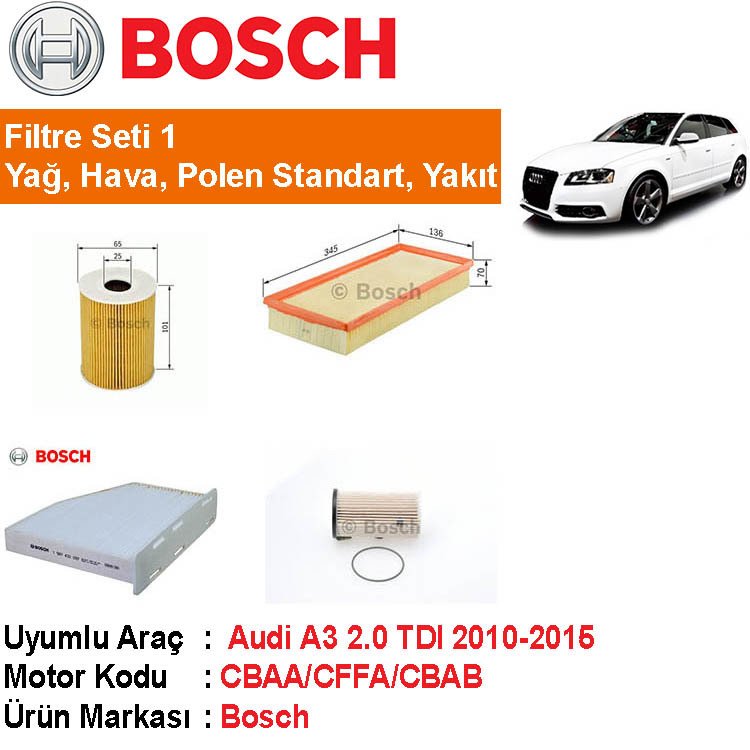 Audi A3 2.0 TDI Filtre Bakım Seti 2010-2015 [Bosch]402006