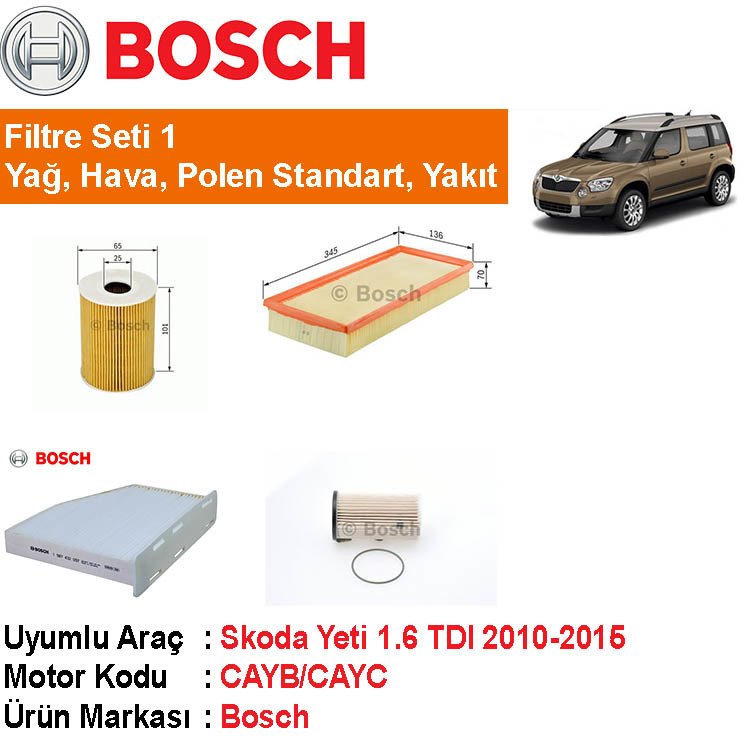 Skoda Yeti 1.6 TDI Filtre Bakım Seti 2010-2015 [Bosch]402006