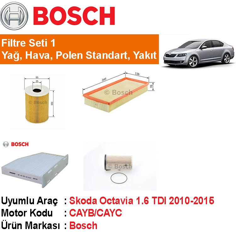 Skoda Octavia 1.6 TDI Filtre Bakım Seti 2010-2015 [Bosch]402006