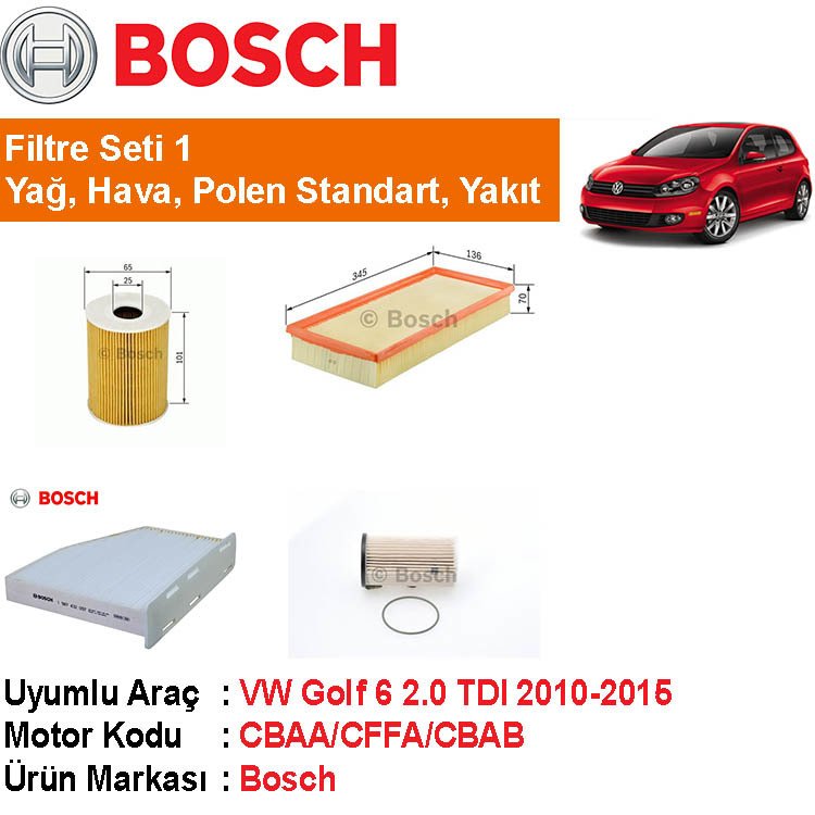 VW Golf 6 2.0 TDI Filtre Bakım Seti 2010-2015 [Bosch]402006