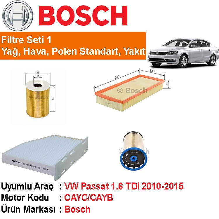 VW Passat 1.6 TDI Filtre Bakım Seti 2010-2015 [Bosch]402809
