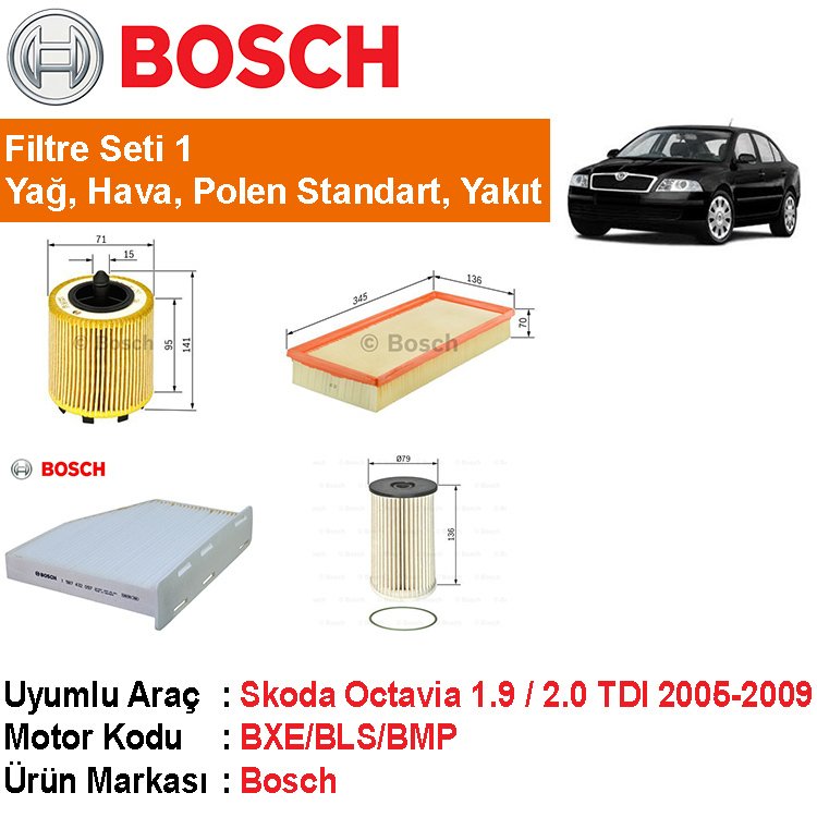 Skoda Octavia 1.9 / 2.0 TDI Filtre Bakım Seti 2005-2009 [Bosch]