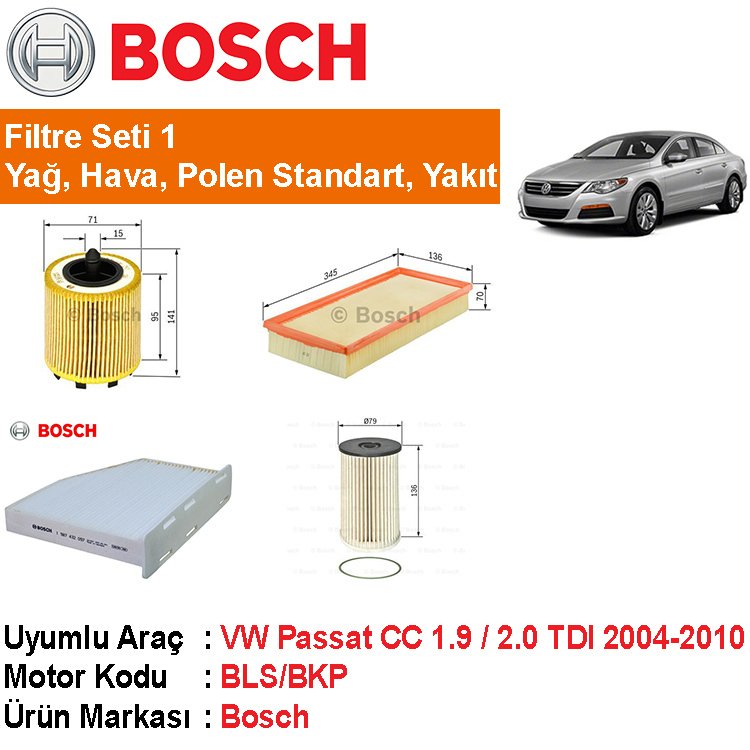 VW Passat CC 1.9 / 2.0 TDI Filtre Bakım Seti 2008-2010 [Bosch]