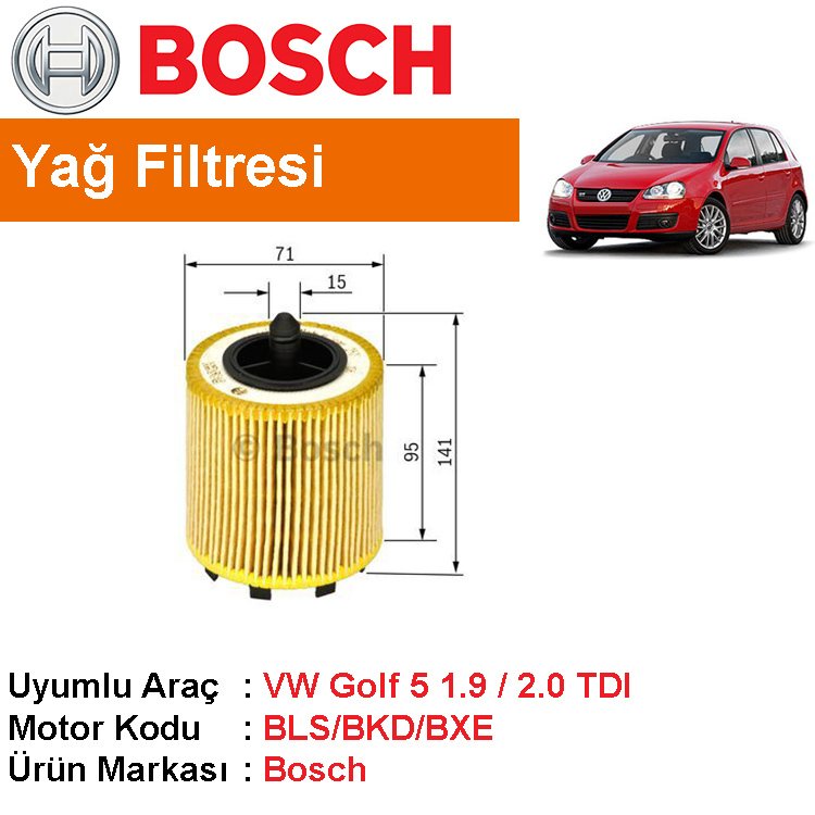 VW Golf 5 1.9 / 2.0 TDI Yağ Filtresi 2004-2009 [Bosch]