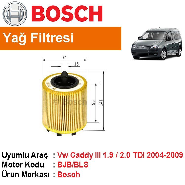 VW Caddy 3 1.9 / 2.0 TDI Yağ Filtresi 2004-2010 [Bosch]