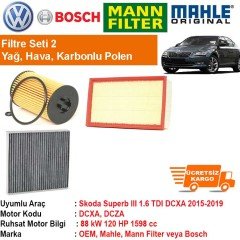 Skoda Superb III 1.6 TDI DCXA 2015 - Filtre Bakım Seti ORJİNAL